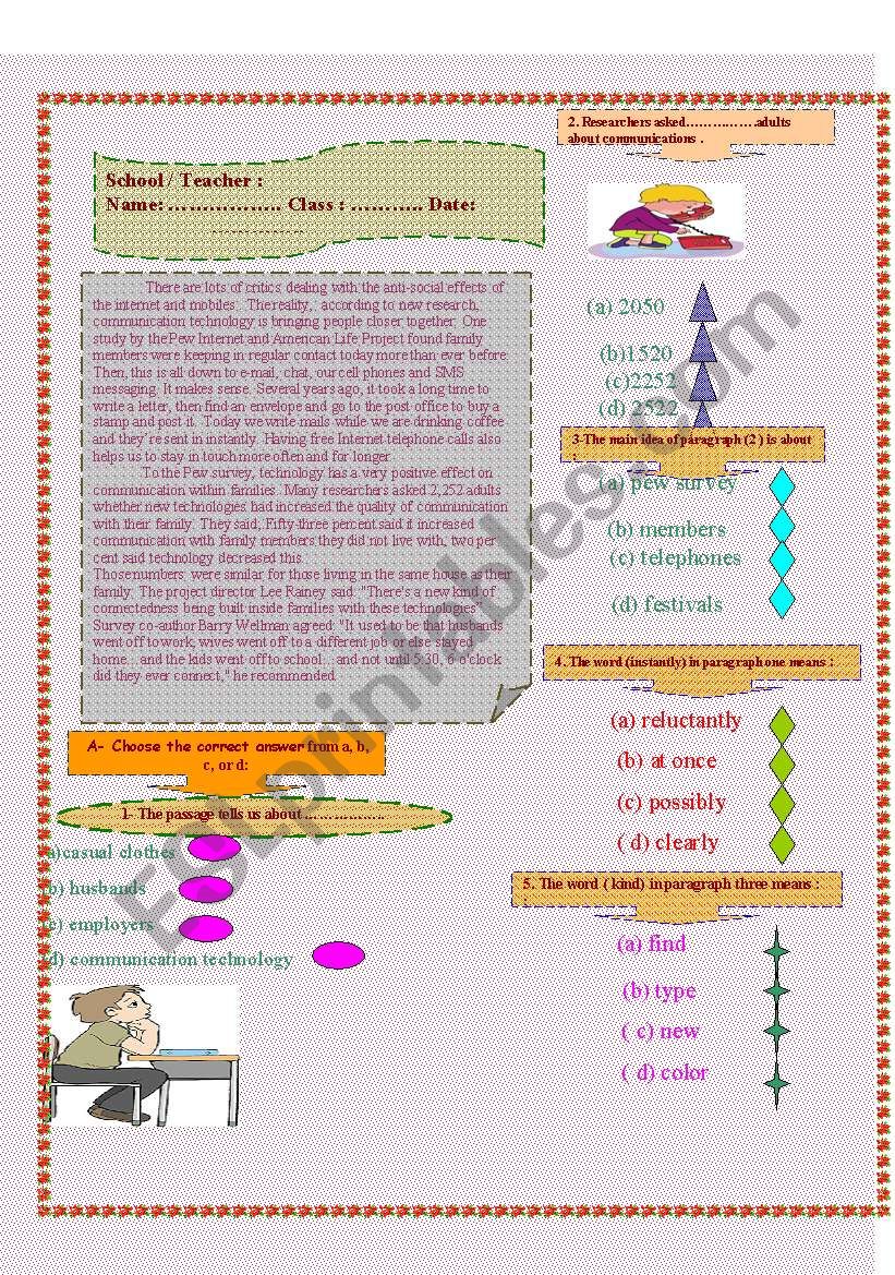 Reading and multiple choice  worksheet