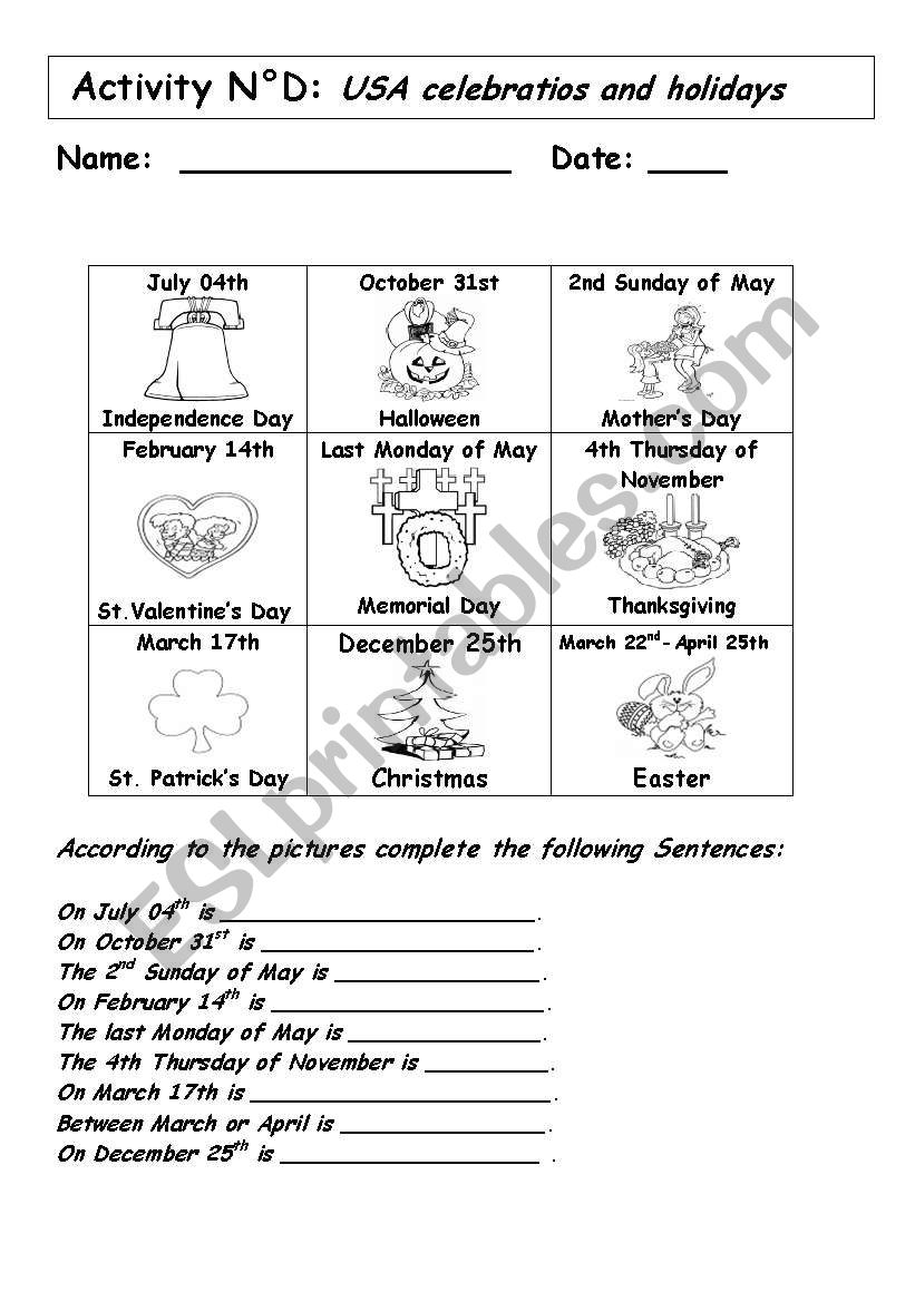 USA CELEBRATIONS AND HOLIDAYS worksheet