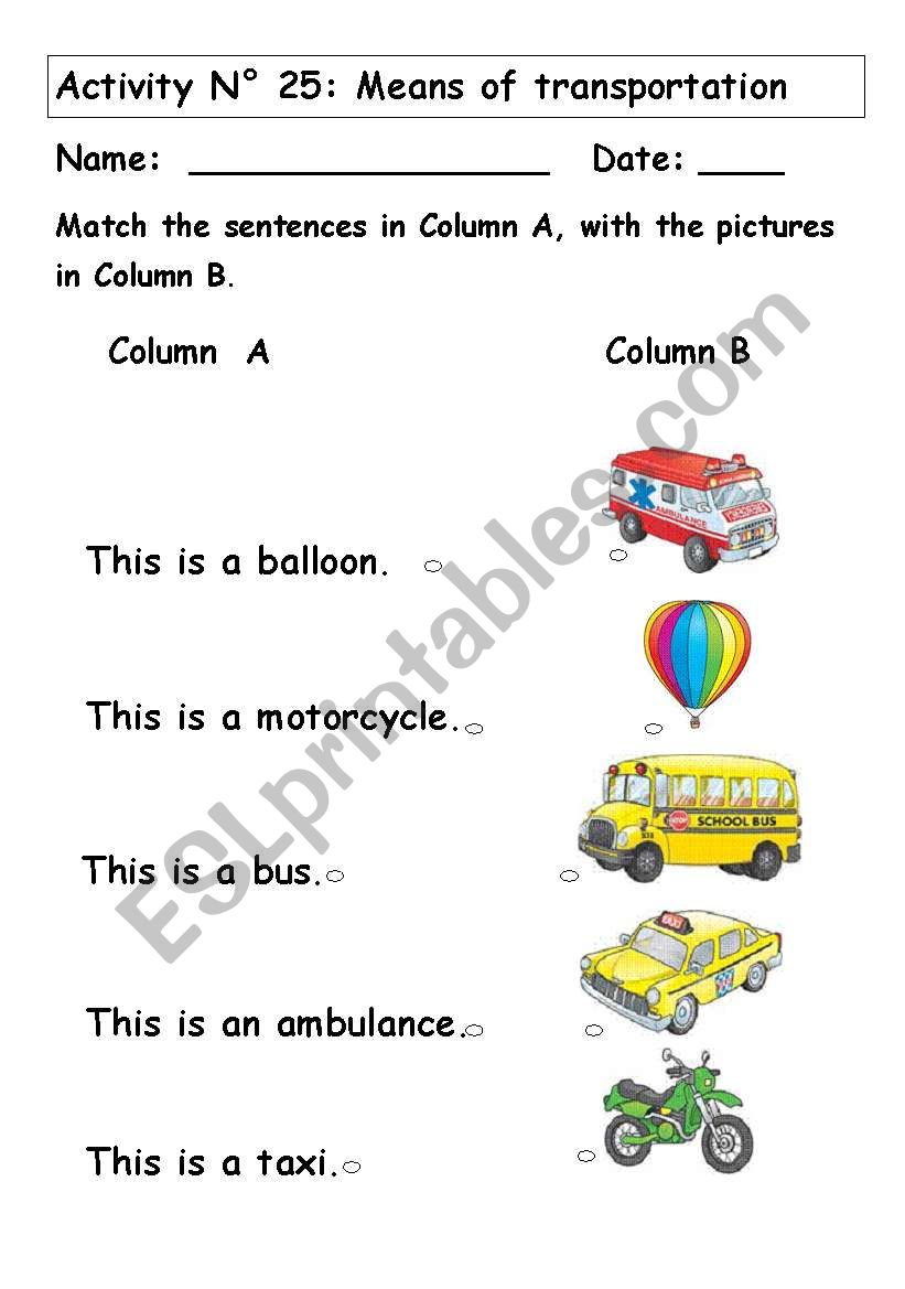 MEANS OF TRANSPORTATION worksheet