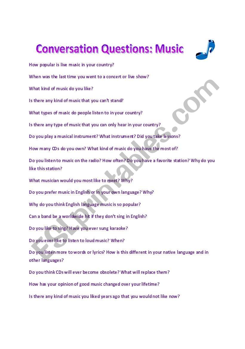 Conversation Questions: Music worksheet