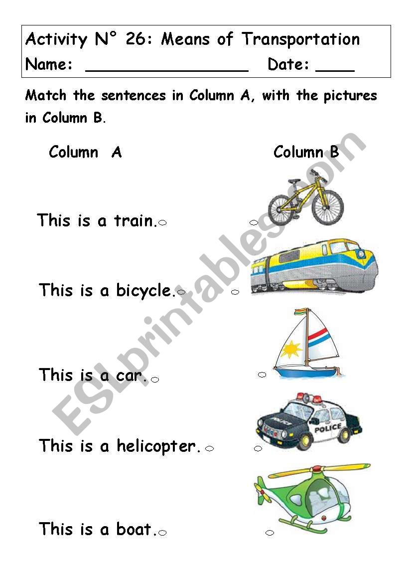 MEANS OF TRANSPORTATION worksheet