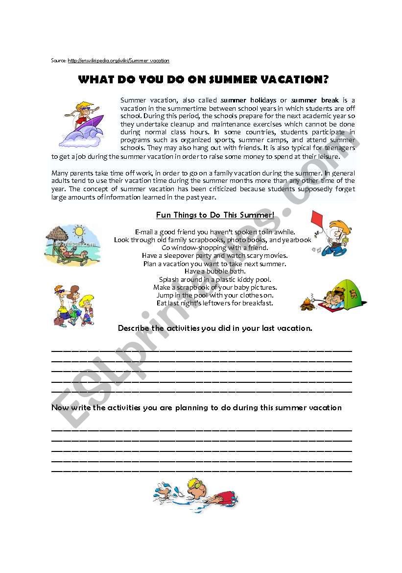 SUMMER VACATIONS worksheet