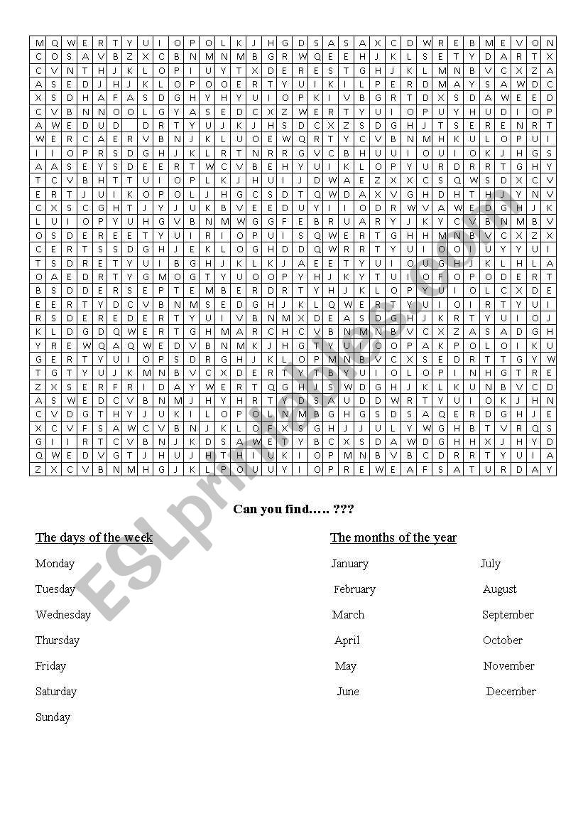 days and months word search worksheet