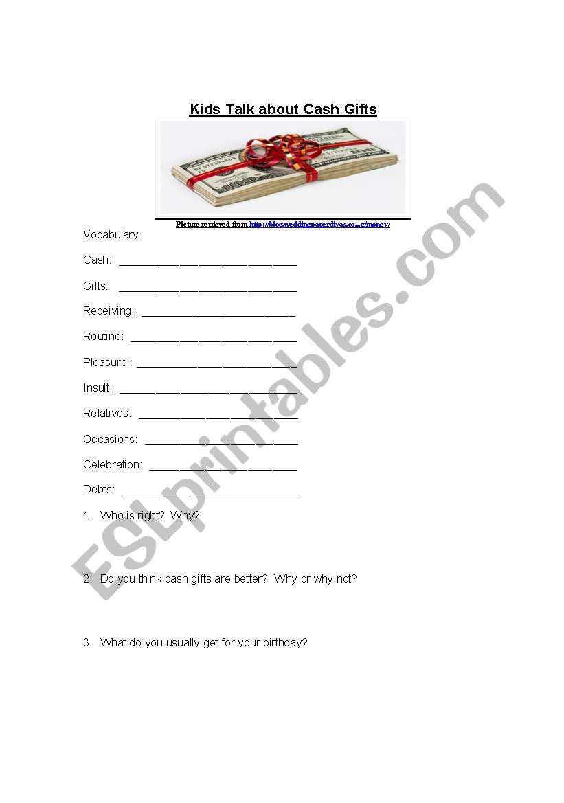 Kids Talk about Money gifts worksheet