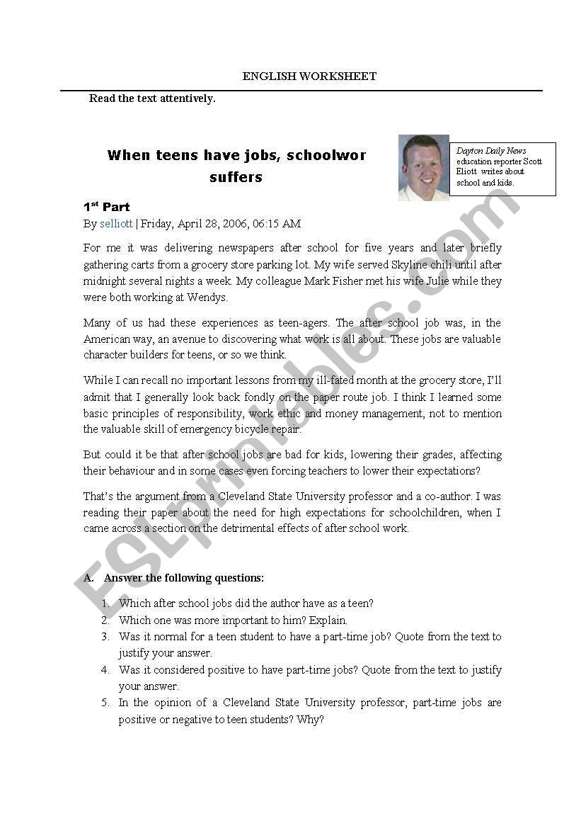 Teens and Part-Time Jobs worksheet