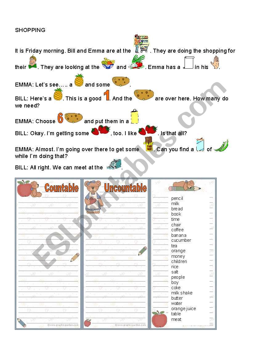 COUNTABLES AND UNCOUNTABLES worksheet