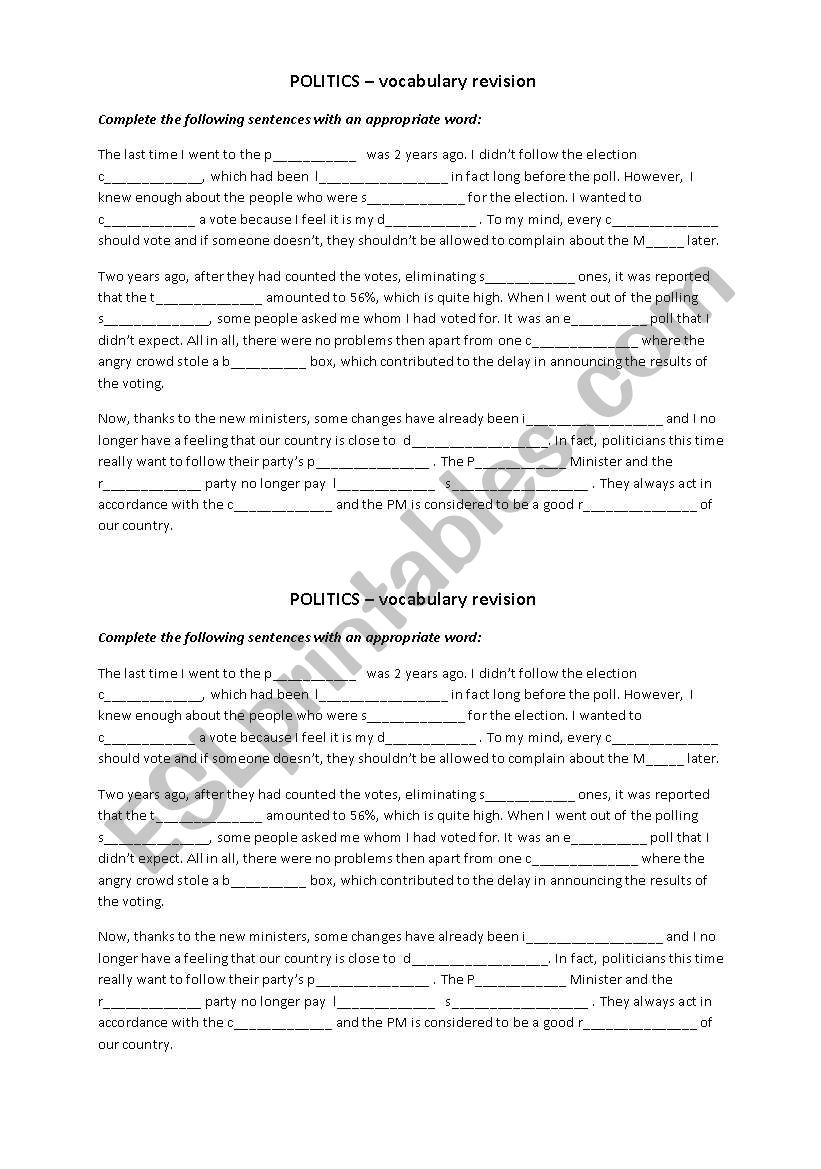 politics vocabulary part 2 worksheet