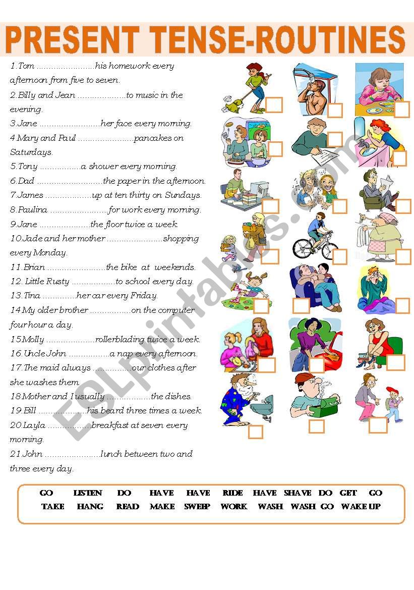 PRESENT TENSE ROUTINES worksheet