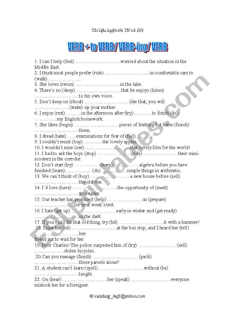 VERB + to VERB VERB-ing VERB worksheet