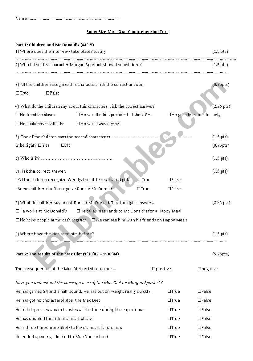 Super size me test worksheet