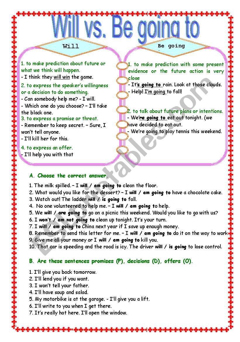 Will vs. be going to worksheet