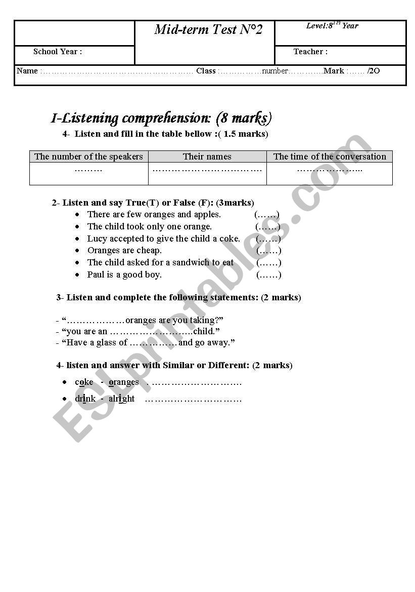 listening comprehension for 8 th year Tunisian pupils