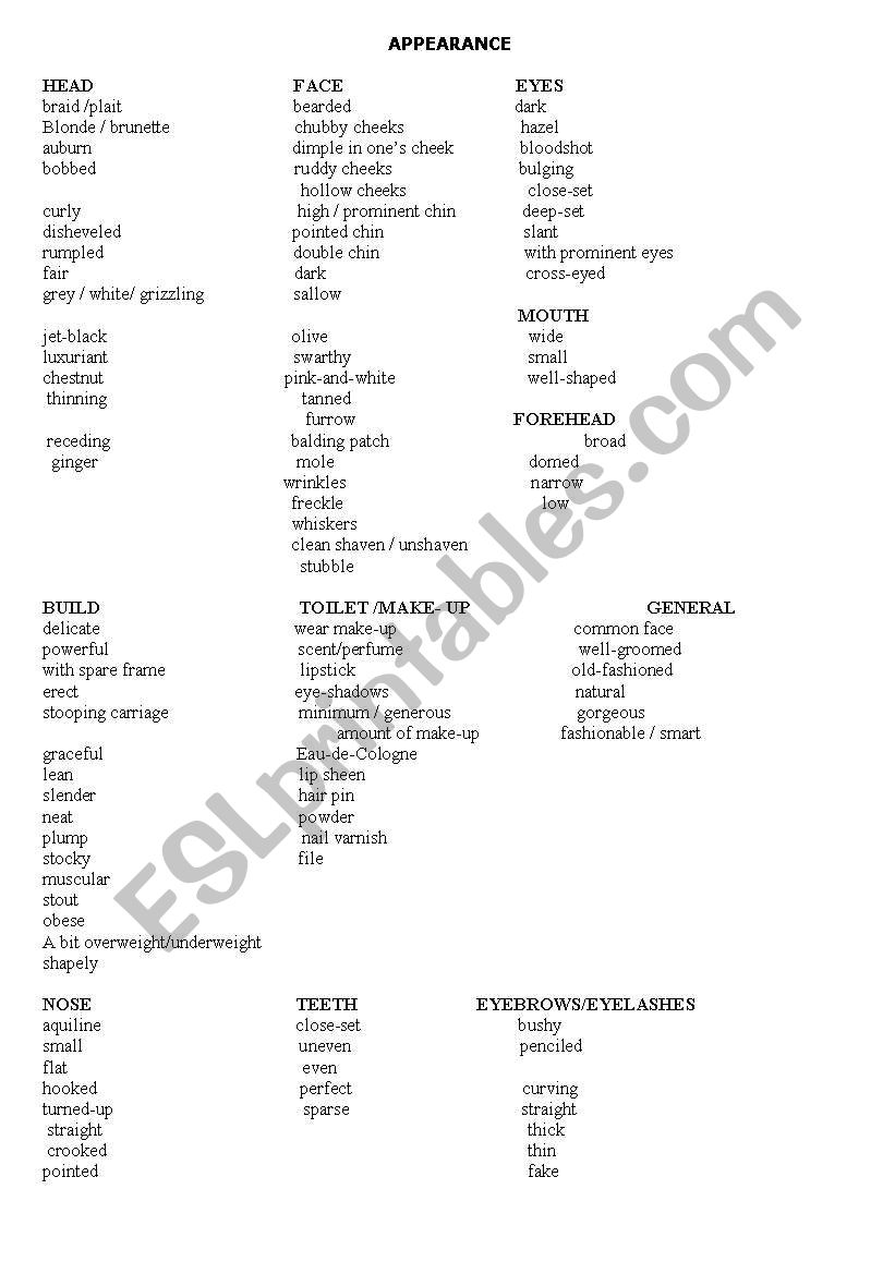 Appearance  worksheet