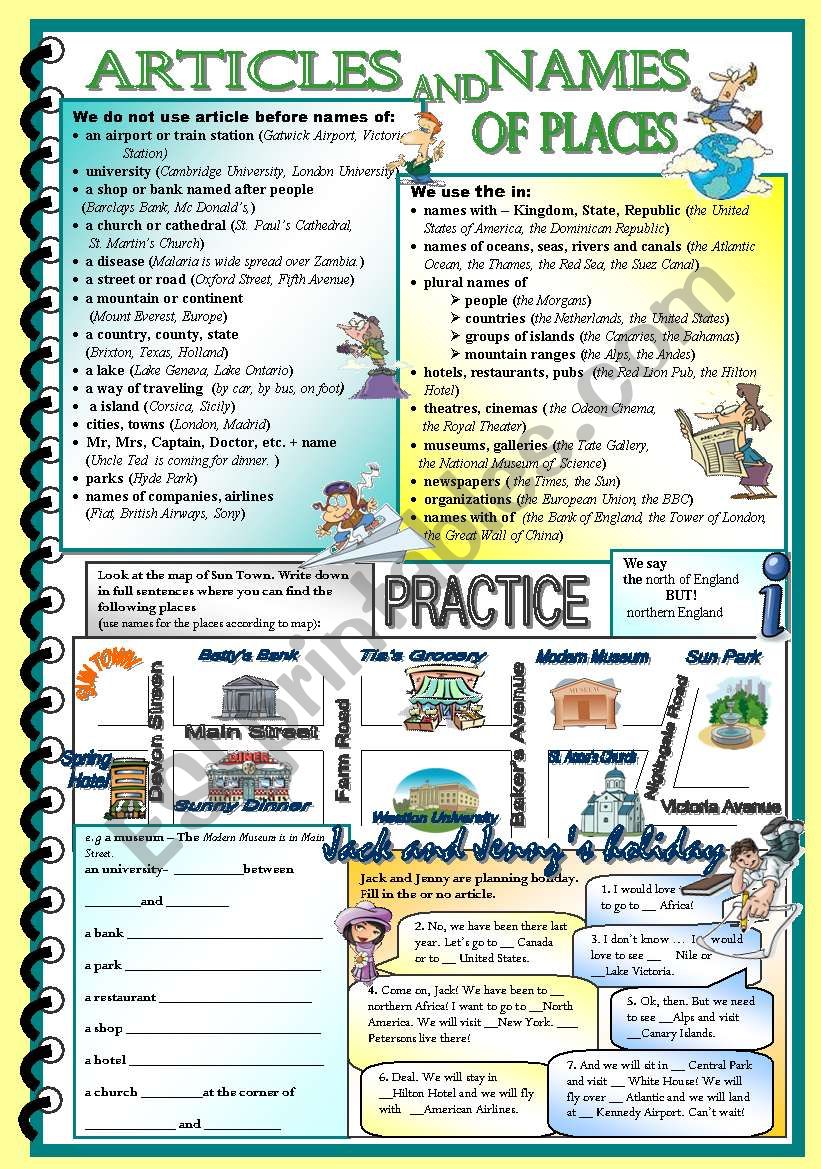 Articles and names of places worksheet