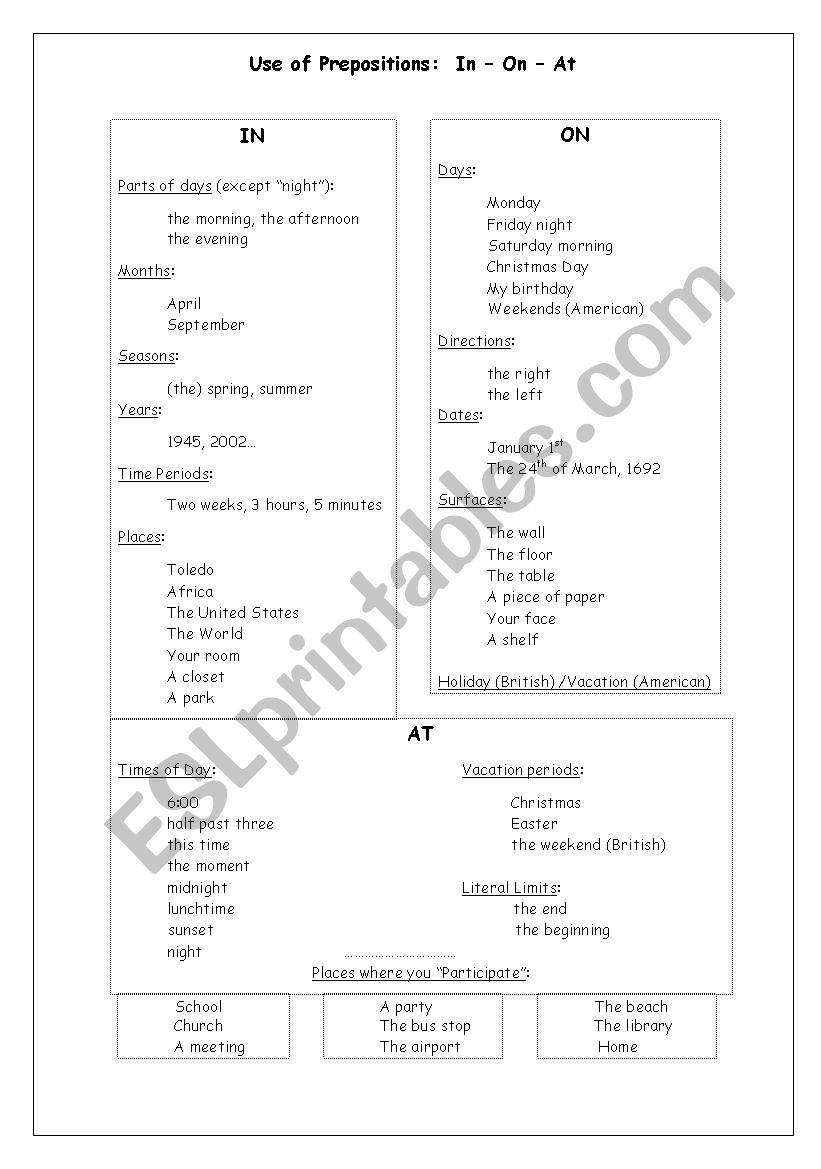 Prepositions: In  At  On worksheet