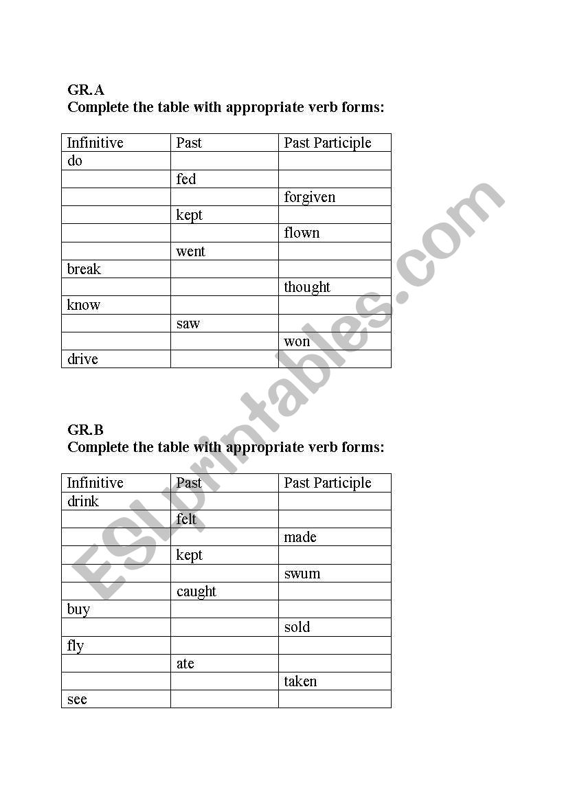 Irregular verbs short test worksheet