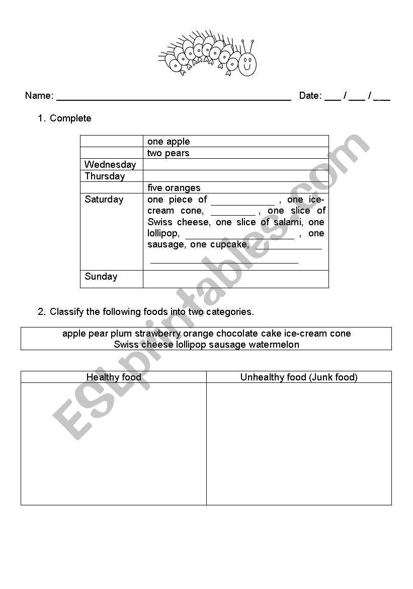 The Very Hungry Caterpillar worksheet