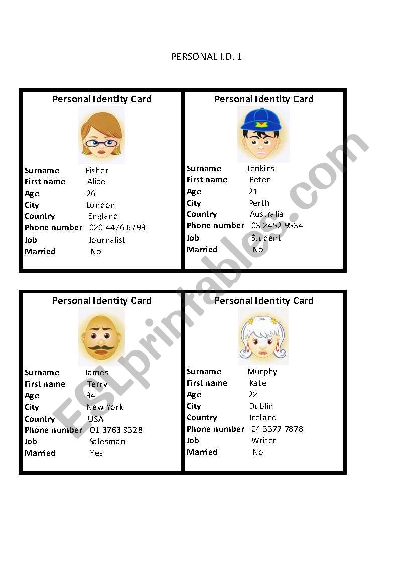 personal id worksheet