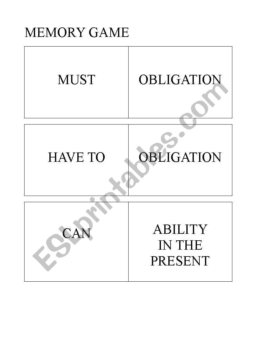 Cards to play the memory game with modal verbs and their uses