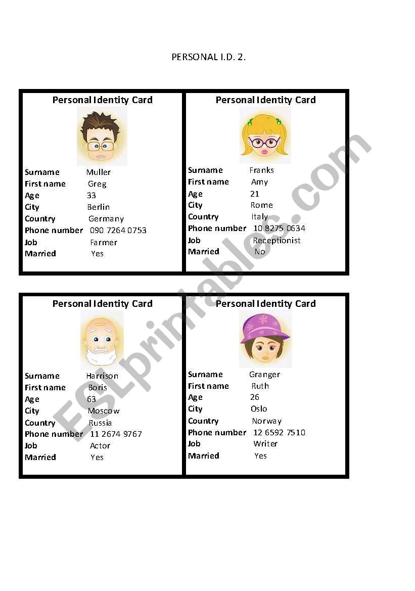 person id cards. worksheet