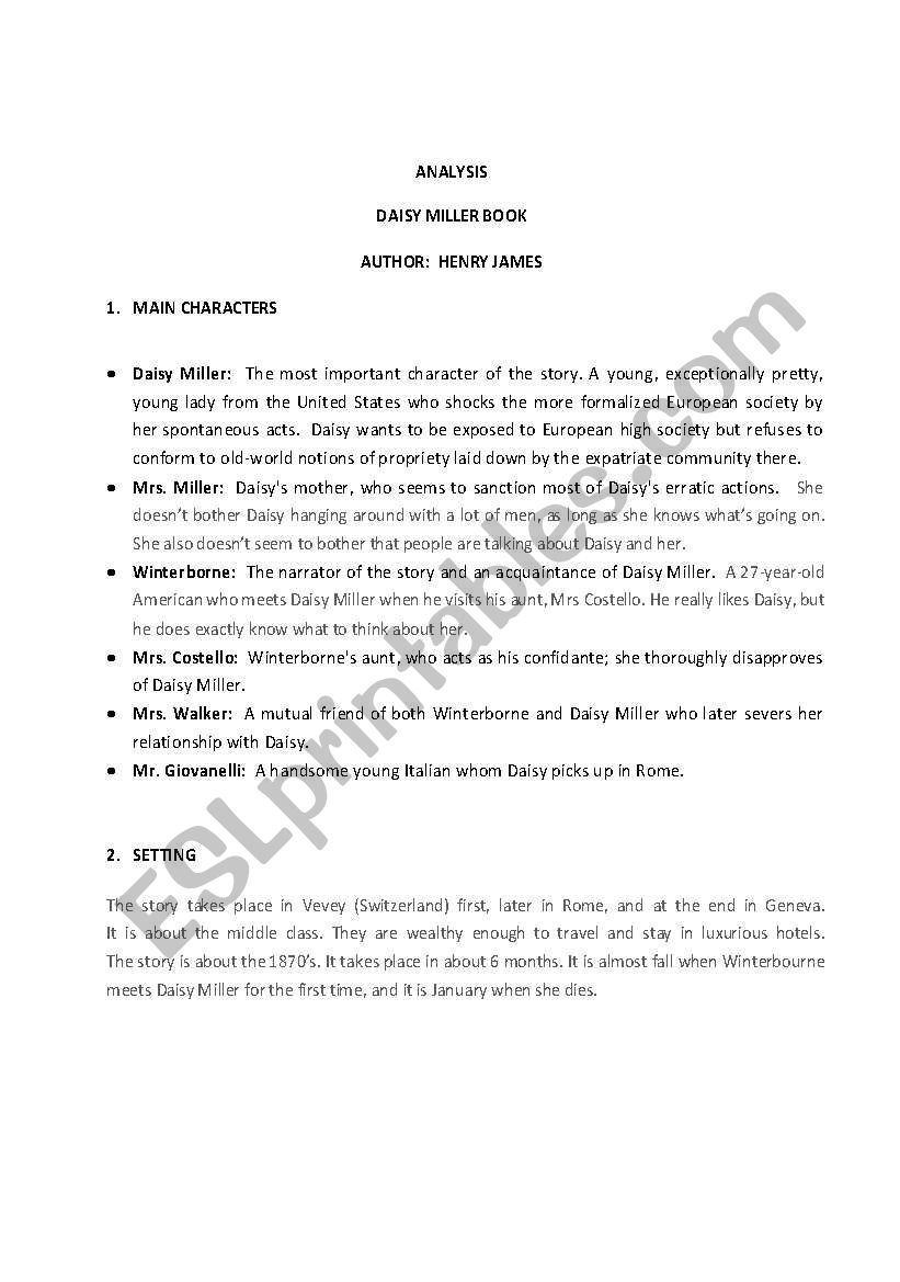 Analysis Daisy miller Book worksheet