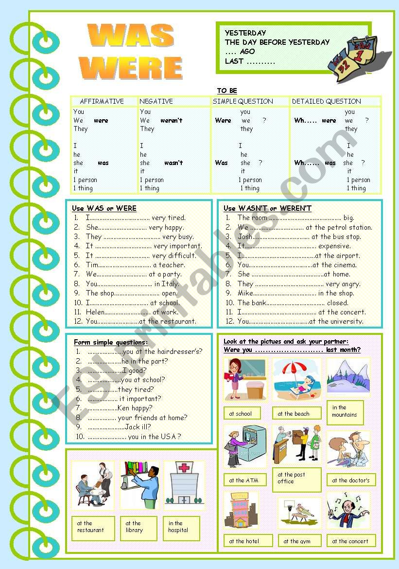 WAS WERE - past simple to be worksheet