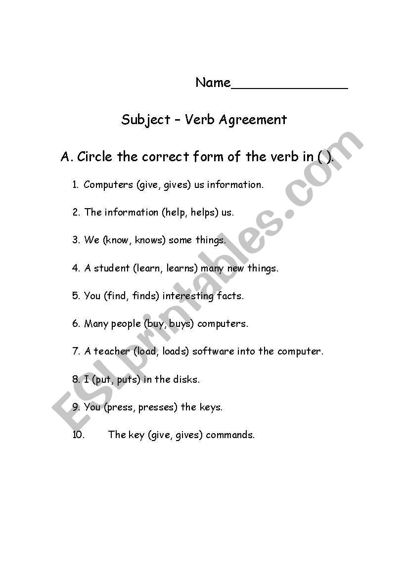 Subject Verb Agreement worksheet