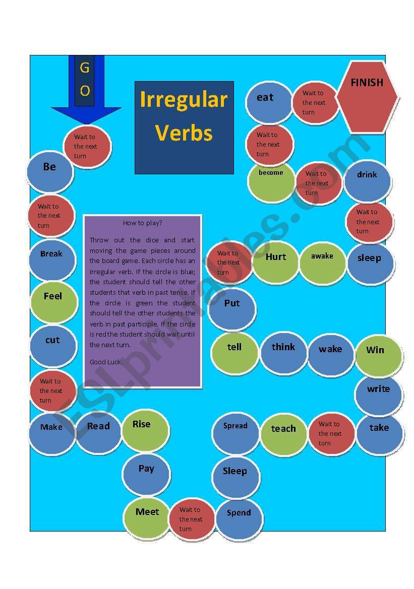 Irregular verbs board game worksheet