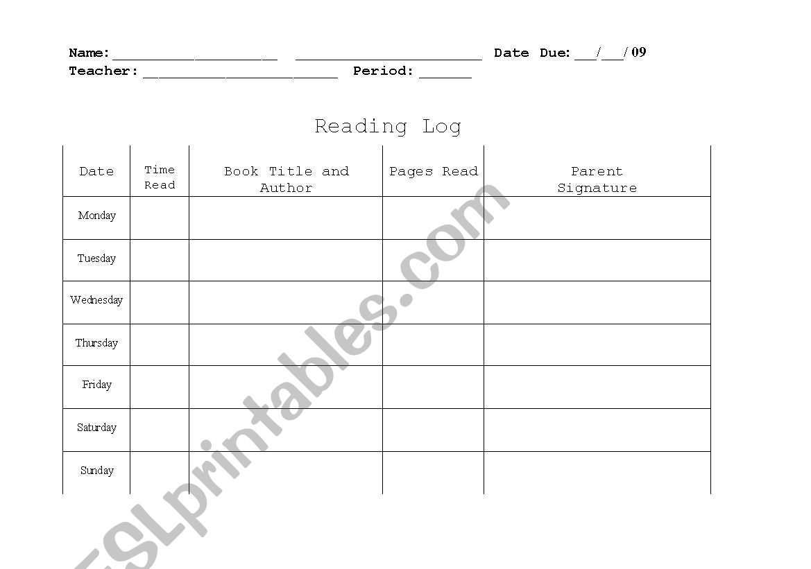 Reading Log  worksheet