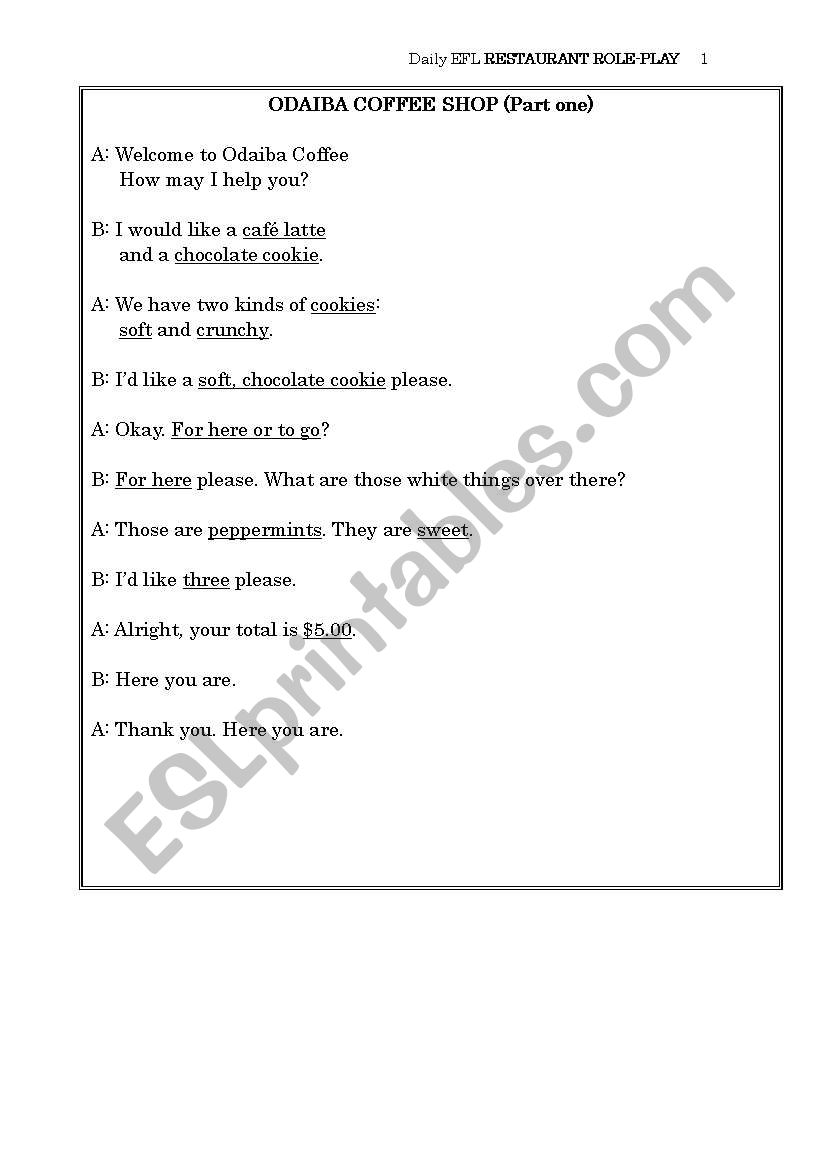 restaurant role-play worksheet