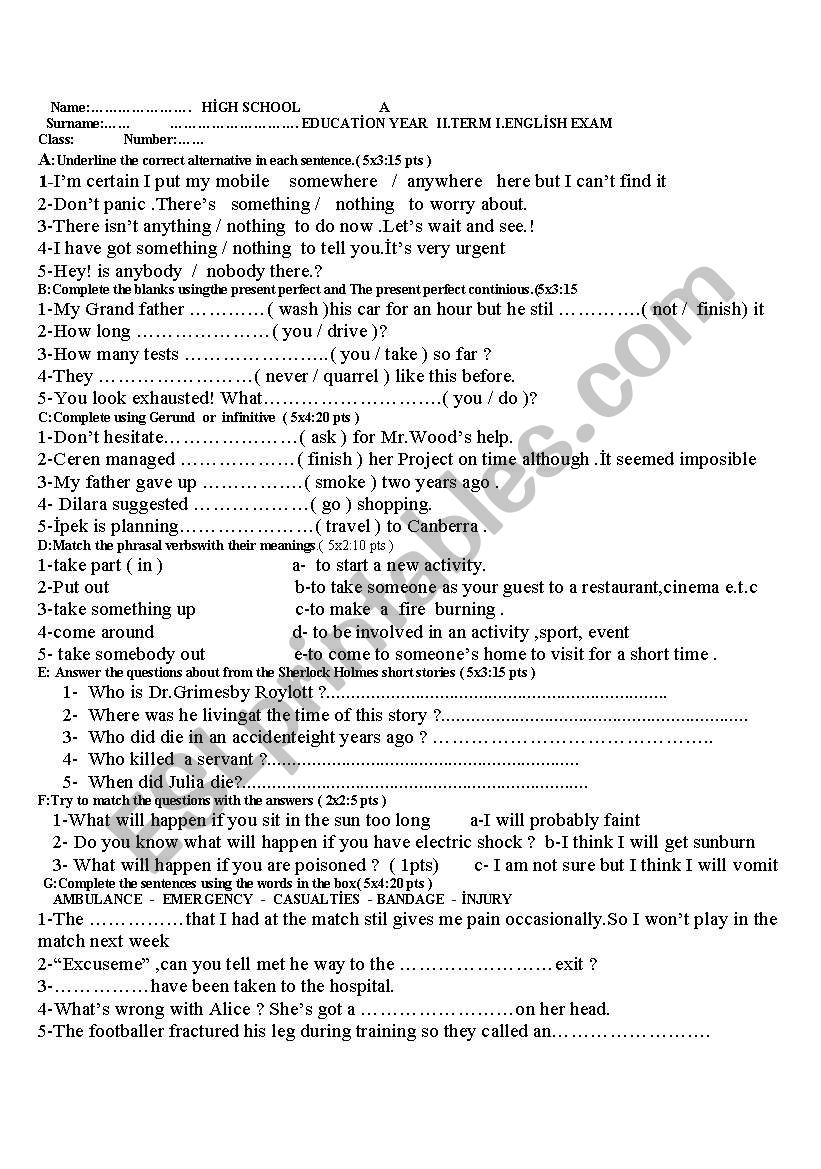 exam worksheet