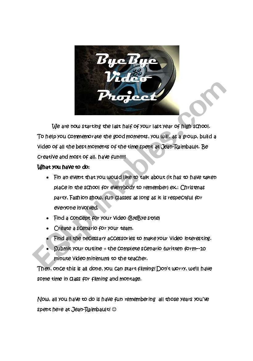 Bye-Bye video Project worksheet
