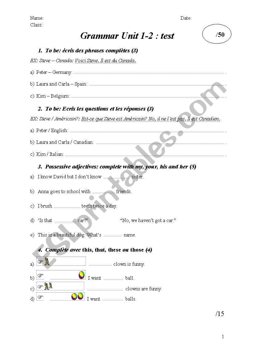Grammar test worksheet