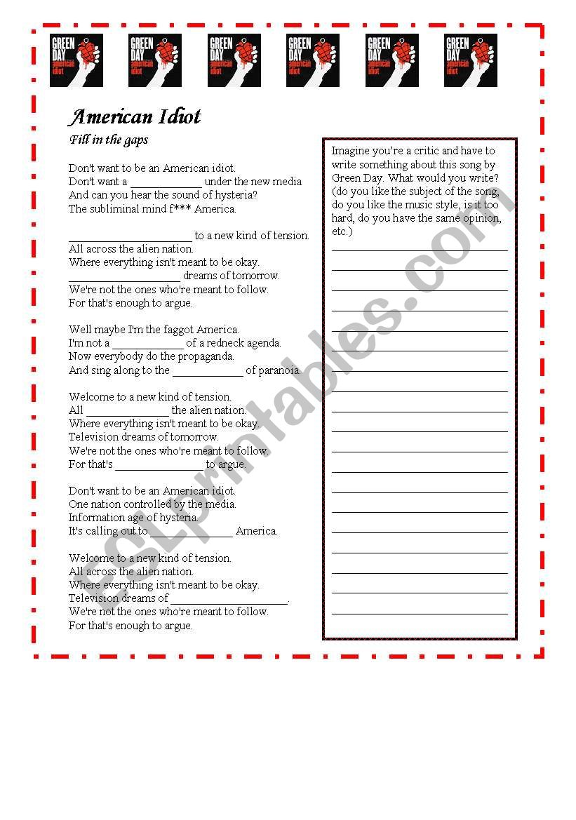 American Idiot by Green DAy worksheet