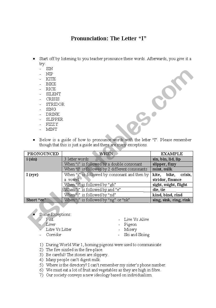 Pronunciation of i worksheet