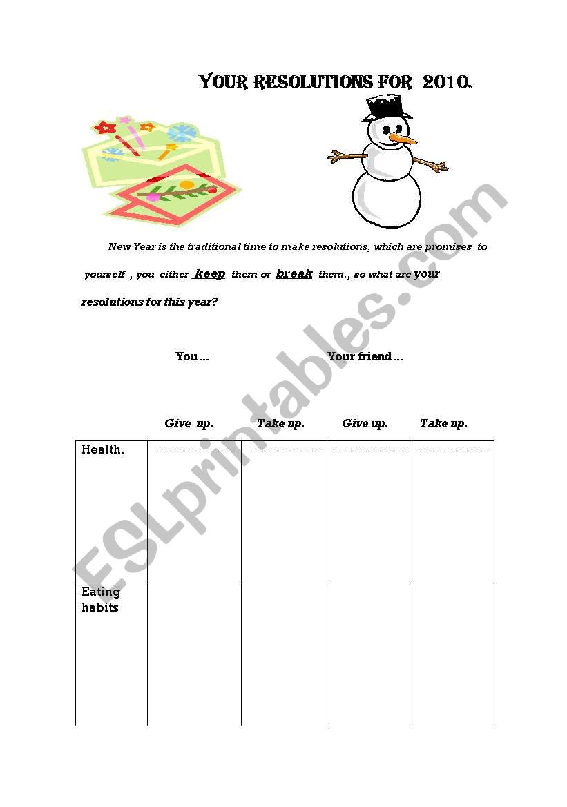 YOUR RESOLUTIONS FOR 2010. worksheet