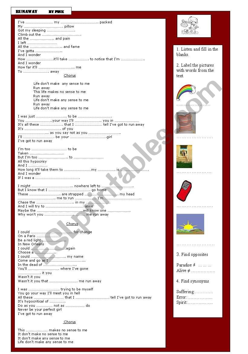 Runaway (song by Pink) worksheet