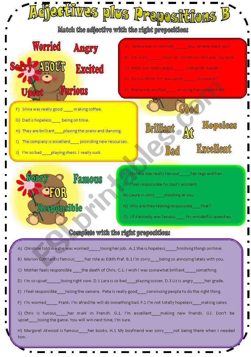 Adjectives Plus Prepositions B - ABOUT, AT, FOR, with B&W version