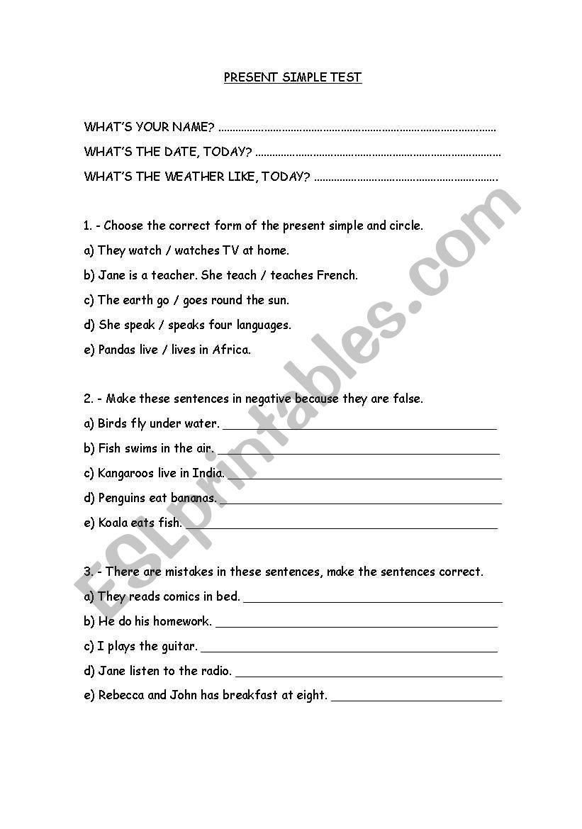 Present Simple Test worksheet