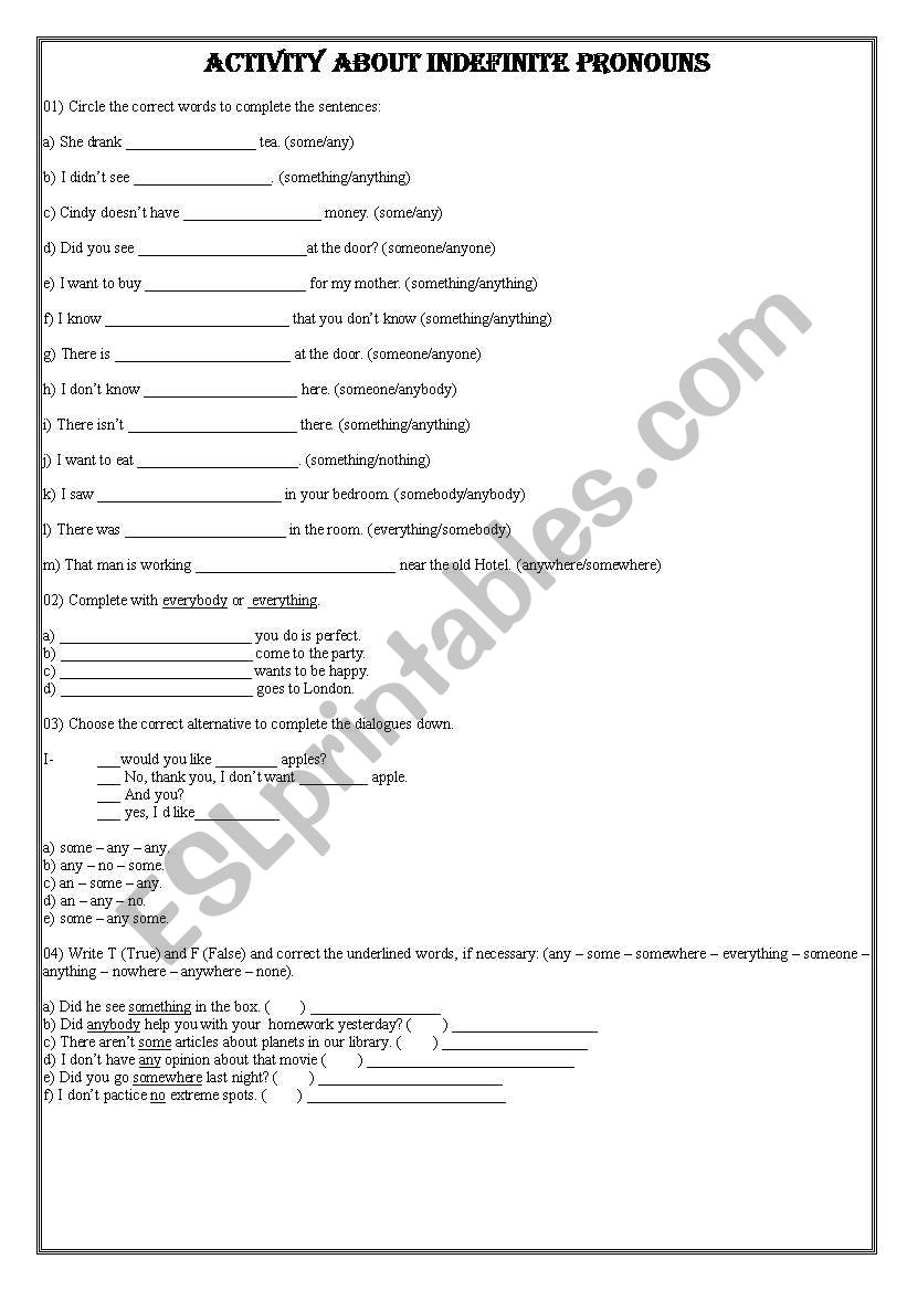 This worsheet is about indefinite pronous.