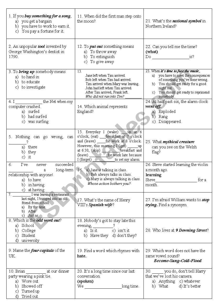 PUB QUIZ worksheet