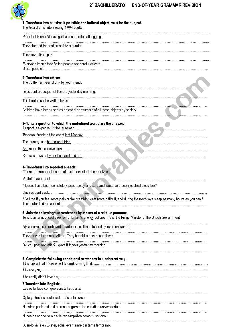 NICE END OF YEAR GRAMMAR REVISION  --2ÂºBACHILLERATO -- KEY INCLUDED