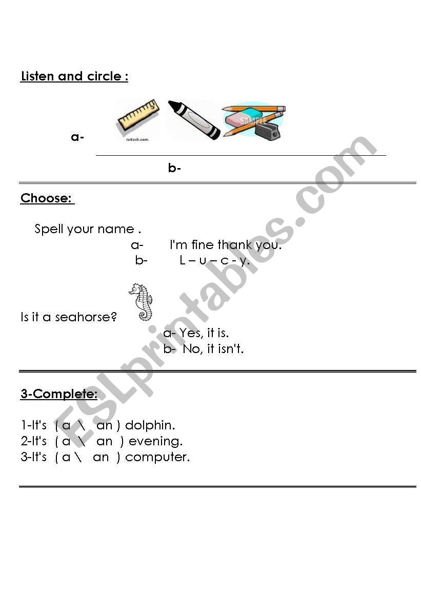listen,choose,complete worksheet