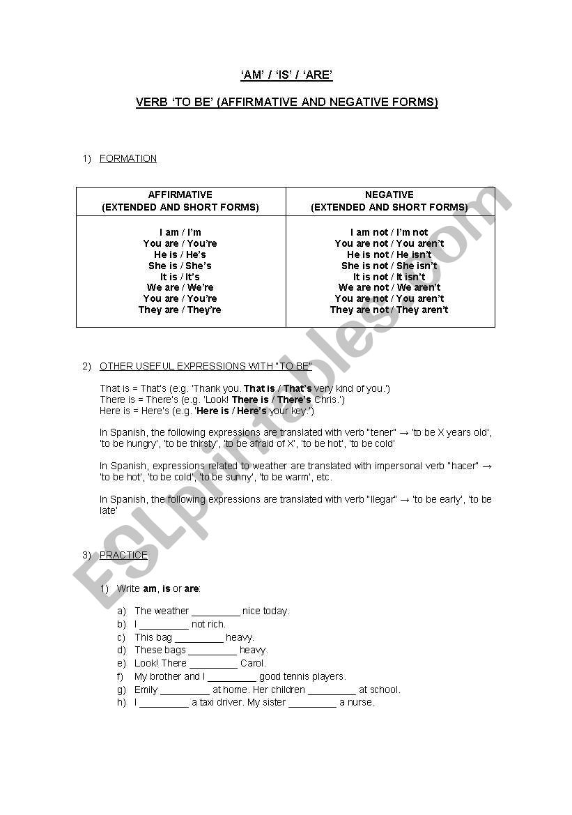 Verb to be (affirmative, negative and interrogative forms)