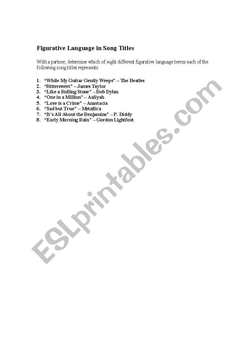 Figurative Song Titles worksheet