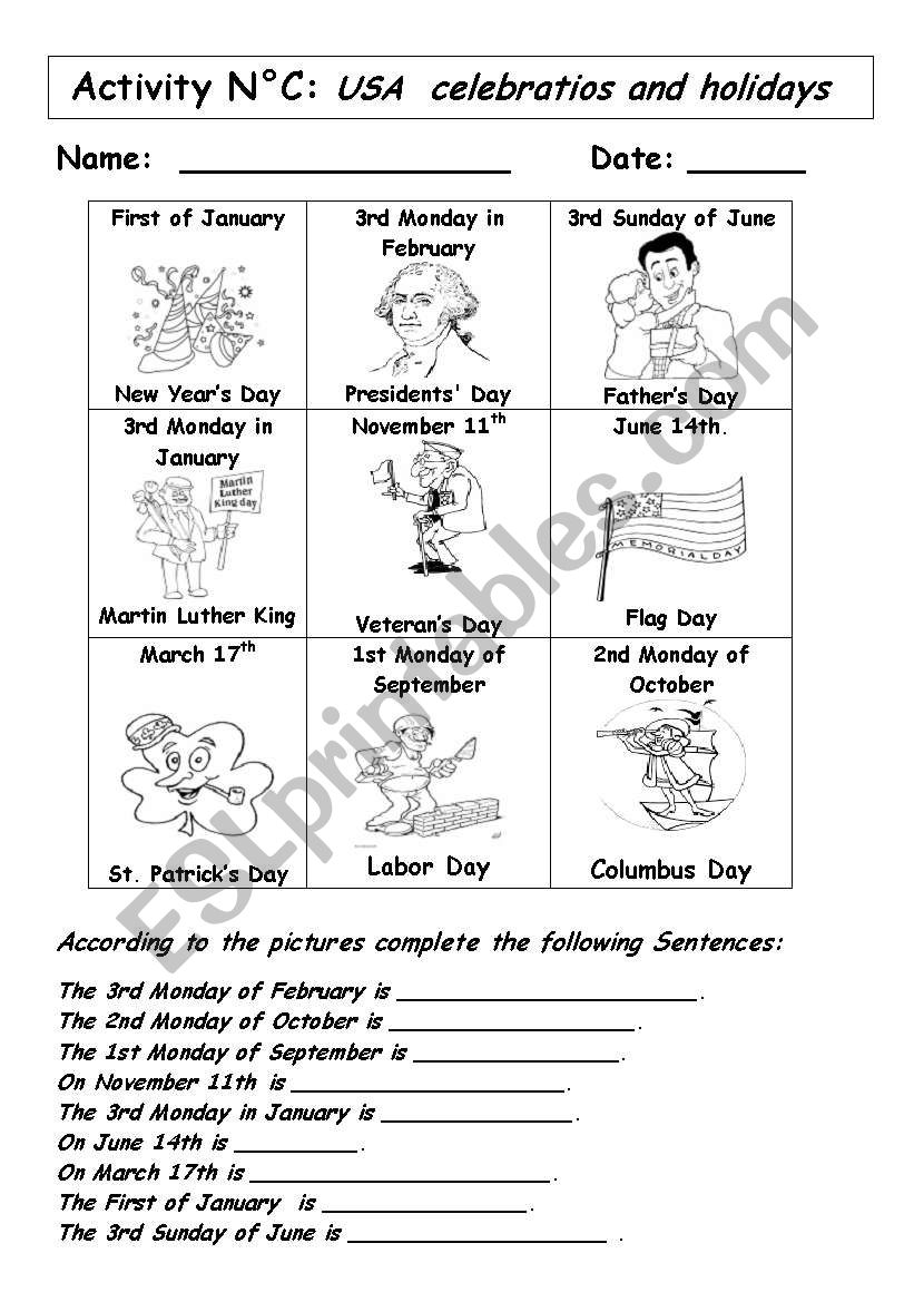 USA CELEBRATIONS AND HOLIDAYS worksheet