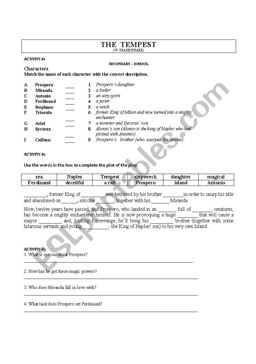 The Tempest worksheet