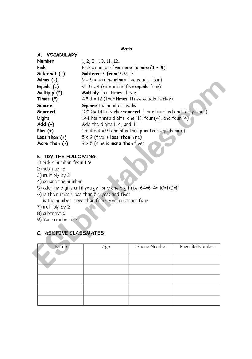 MATH MAN worksheet