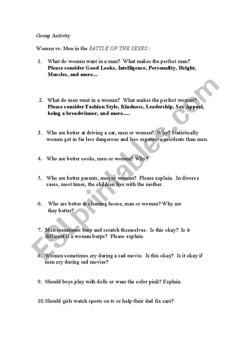 Battle of the Sexes worksheet