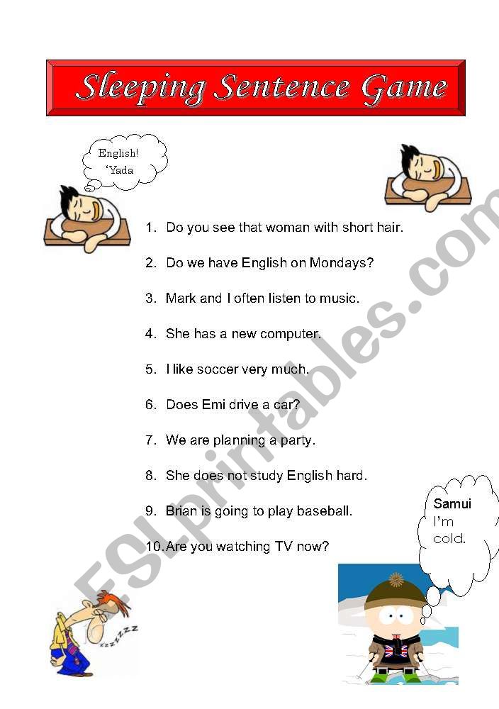 Sleeping sentence game worksheet